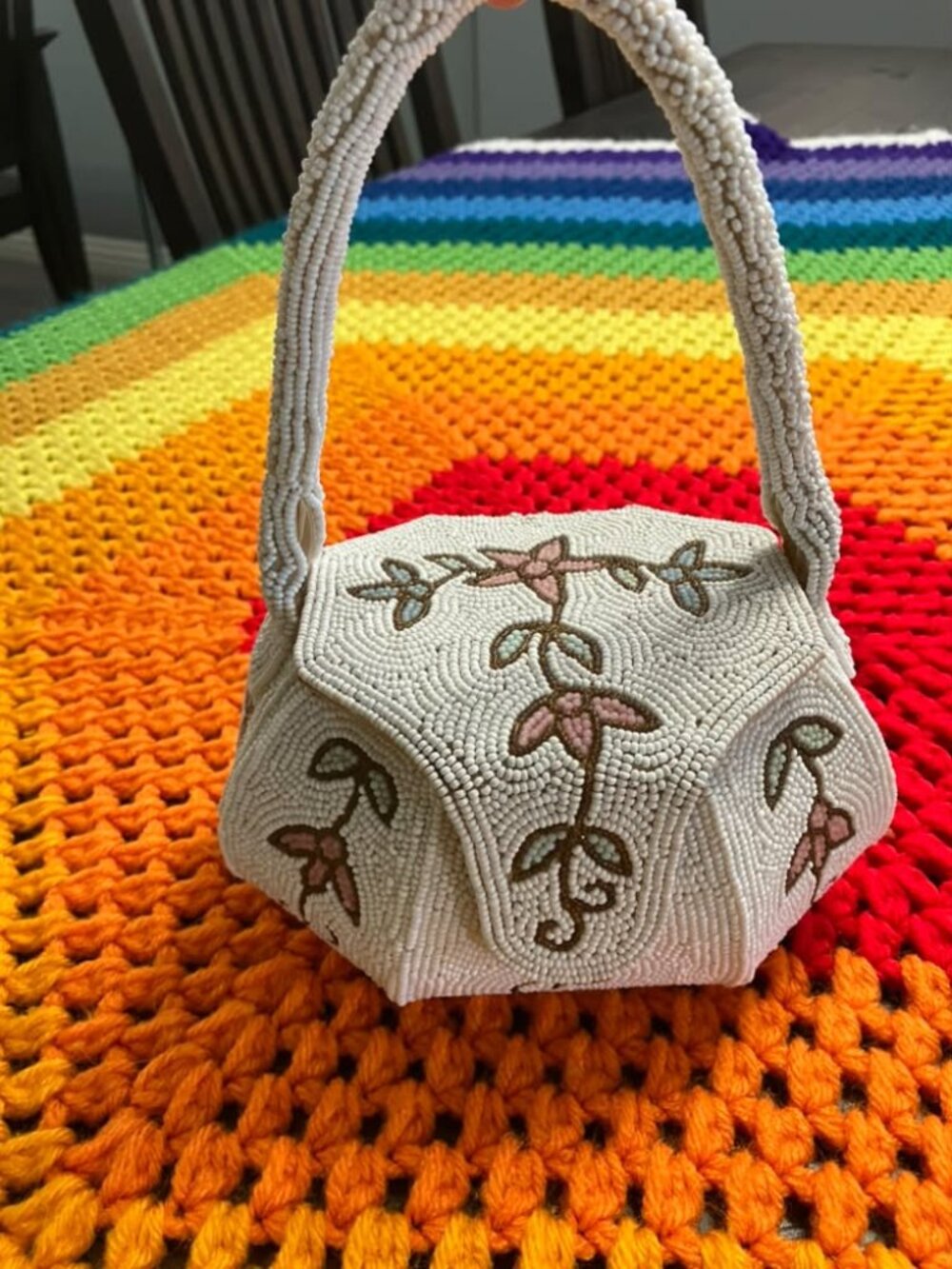 50's Vintage K&G Charlet Bag Japan White Beaded Mini Octagon Bag Purse Handbag